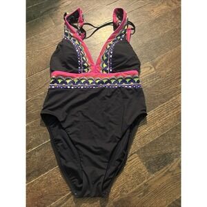 Trina Turk Black Pink Yellow Plunge Halter One-Piece Swimsuit Size 4